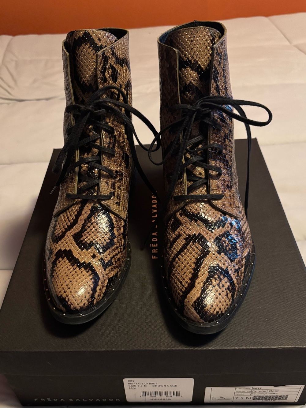 Freda Salvador Ralf Combat Boot Brown Sage Snakeskin Print